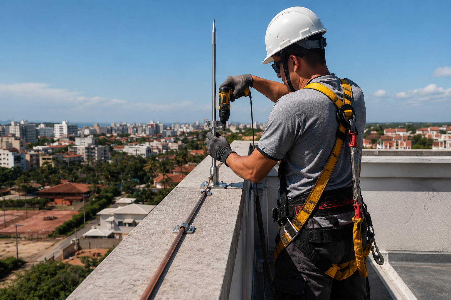 Técnico especializado realizando a instalação de um Sistema de Proteção contra Descargas Atmosféricas (SPDA) em cobertura de edifício. O profissional 